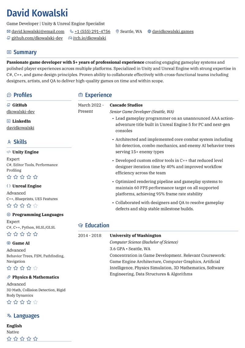 Szablon CV Lucario: dwie kolumny, duże nazwisko, daty w marginesie obok każdej pozycji
